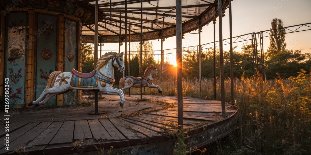 Abandoned carousel at sunset surrounded by overgrown grass and forgotten memories