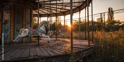 Obraz na płótnie Abandoned carousel at sunset surrounded by overgrown grass and forgotten memories w salonie