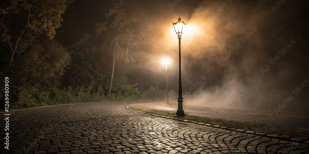 Misty night on a cobblestone path with glowing street lamps illuminating the foggy atmosphere
