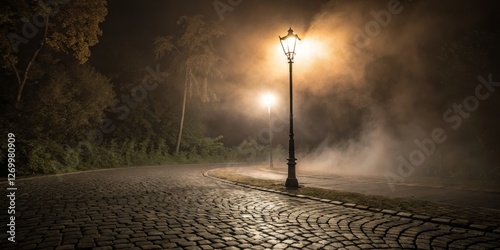 Obraz na płótnie Misty night on a cobblestone path with glowing street lamps illuminating the foggy atmosphere w salonie