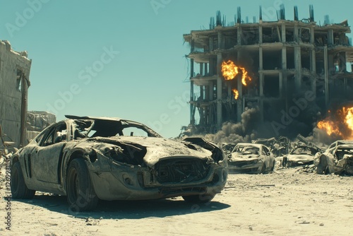 The effects of Russian aggression resulted in bombed Ukrainian cities with burned and destroyed vehicles