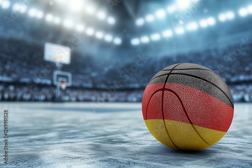 Basketball ball with the national flag of germany , lies on the ground, against the background of a large sports arena, with glowing lights and full stands. photo