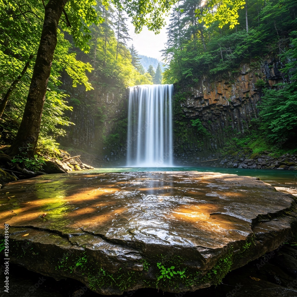 Obraz premium Stone table top podium in outdoor waterfall green tropical forest nature background. Organic natural water product or outdoor product present placement pedestal counter display