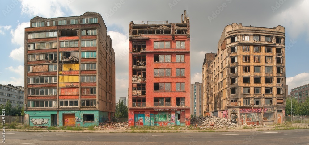 Panorama of a white background showing a pile of gray concrete debris and a colossal beam in the foreground from a demolished building Panorama of a white background showing a pile of gray concrete debris and a colossal beam in the foreground from a demolished building