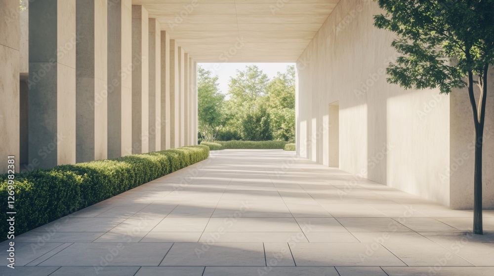 Fototapeta premium Modern Architecture, Courtyard, Sunlight, Tranquil Ambiance, Ideal for Mock-up