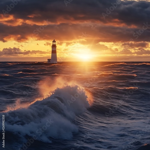 Fiery sunset casting light over the raging ocean picture