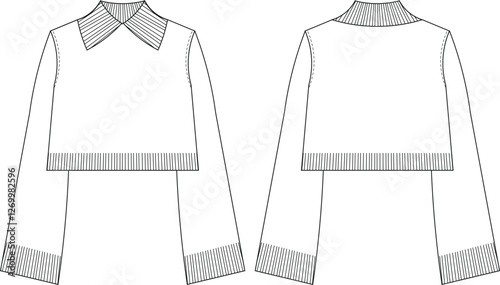ribbed collared ribbed hem cuff long bell sleeve sloucy loose oversize short cropped crop knitted sweater knitwear template technical drawing flat sketch cad mockup fashion woman design style model 
