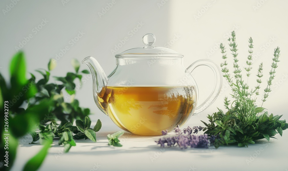 Freshly brewed herbal tea served in a delicate glass teapot, with aromatic herbs placed beside it on a clean white background Freshly brewed herbal tea served in a delicate glass teapot, with aromatic herbs placed beside it on a clean white background