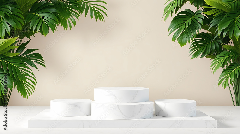 Elegant White Marble Product Display Podium with Tropical Palm Leaves Background for Luxury Presentation and Branding Elegant White Marble Product Display Podium with Tropical Palm Leaves Background for Luxury Presentation and Branding