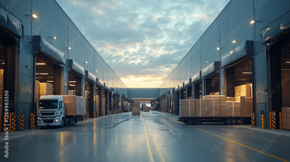 Fototapeta premium Delivery trucks and cargo boxes in an industrial loading area at sunset creating a busy logistical atmosphere