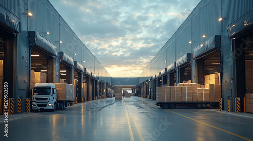 Delivery trucks and cargo boxes in an industrial loading area at sunset creating a busy logistical atmosphere photo