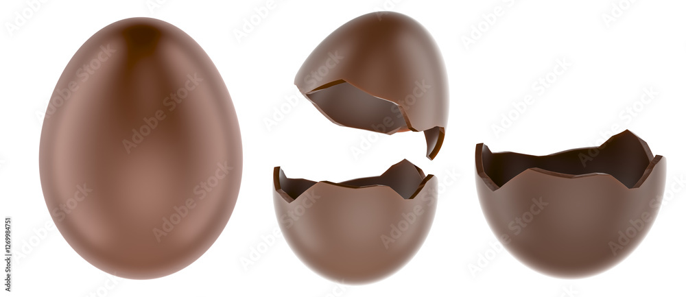 Chocolate Eggs. Whole, broken and half of chocolate eggs. 3D rendering isolated on transparent background