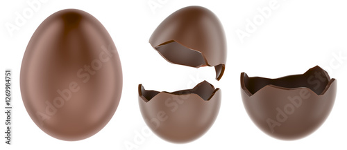 Obraz na płótnie Chocolate Eggs. Whole, broken and half of chocolate eggs. 3D rendering isolated on transparent background w salonie
