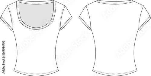 scoop neck u neck short cap sleeve fit bodycon tshirt tee blouse top template technical drawing flat sketch cad mockup fashion woman design style model 
