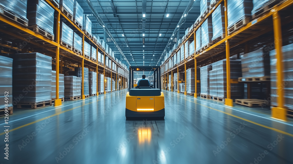 Fototapeta premium Efficient warehouse operations with forklift navigating through stacked pallets during daylight hours