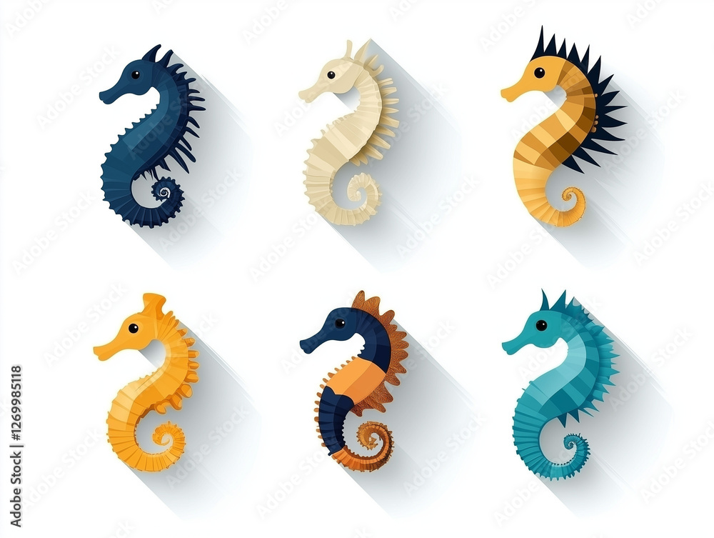Fototapeta premium Icônes d'hippocampes sur fond blanc, flat design