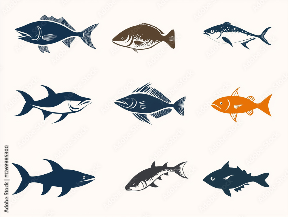 Fototapeta premium Icônes de poissons de mer sur fond blanc, flat design