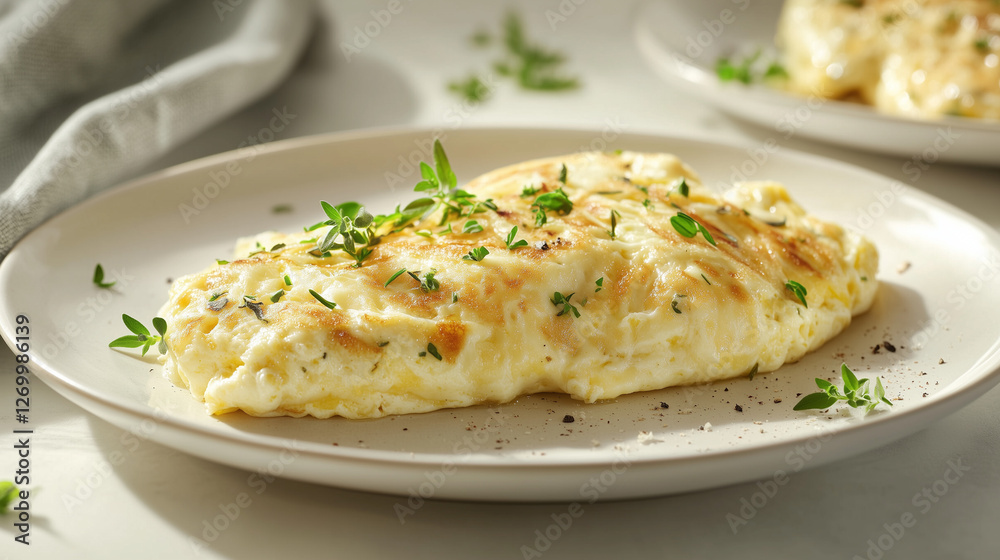 Scrambled eggs with fresh herbs on a white plate in clean minimalistic setting_4 Scrambled eggs with fresh herbs on a white plate in clean minimalistic setting_4