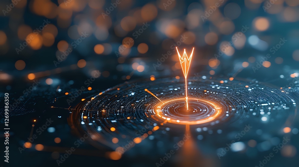 Glowing energy arrow breakthrough with circular light waves and particles on dark background, futuristic technology concept for business growth. Glowing energy arrow breakthrough with circular light waves and particles on dark background, futuristic technology concept for business growth.