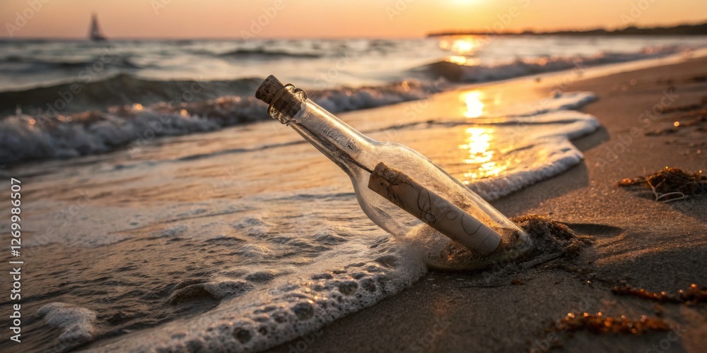 Message in a bottle rests on the beach as waves gently lap at the shore during sunset