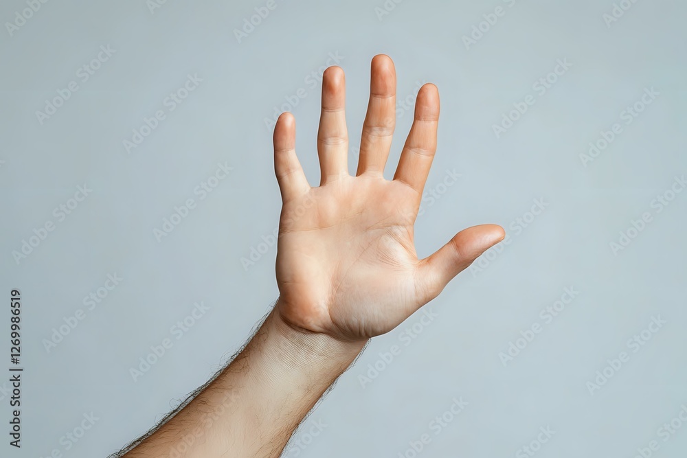 Raised human hand showing palm against light blue background, demonstrating stop gesture or greeting sign. Clean minimal composition for communication concepts. Raised human hand showing palm against light blue background, demonstrating stop gesture or greeting sign. Clean minimal composition for communication concepts.