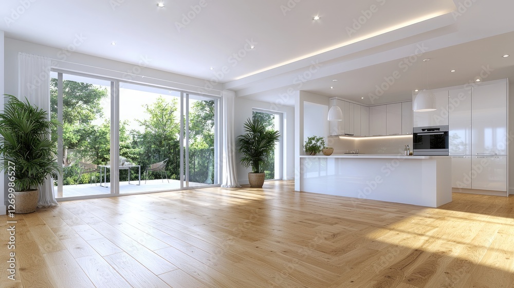 Fototapeta premium Modern Interior Design Kitchen Living Room, Sunny. Potential Use Stock Photo