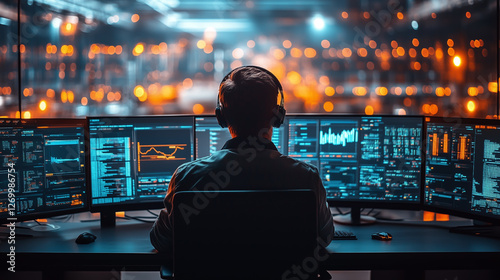 Data analyst monitors multiple screens in a high-tech environment during evening hours