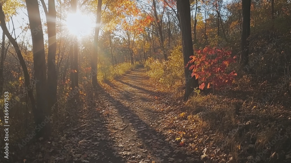 Fototapeta premium Autumnal Forest Path: Sunlight Dapples Through the Golden Leaves