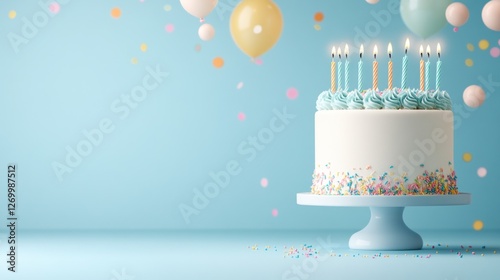 Elegant birthday cake adorned with candles and floating balloons