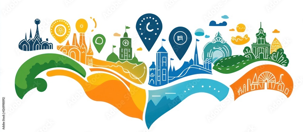 Naklejka premium Colorful Illustrated Map Showcasing Diverse Cityscapes