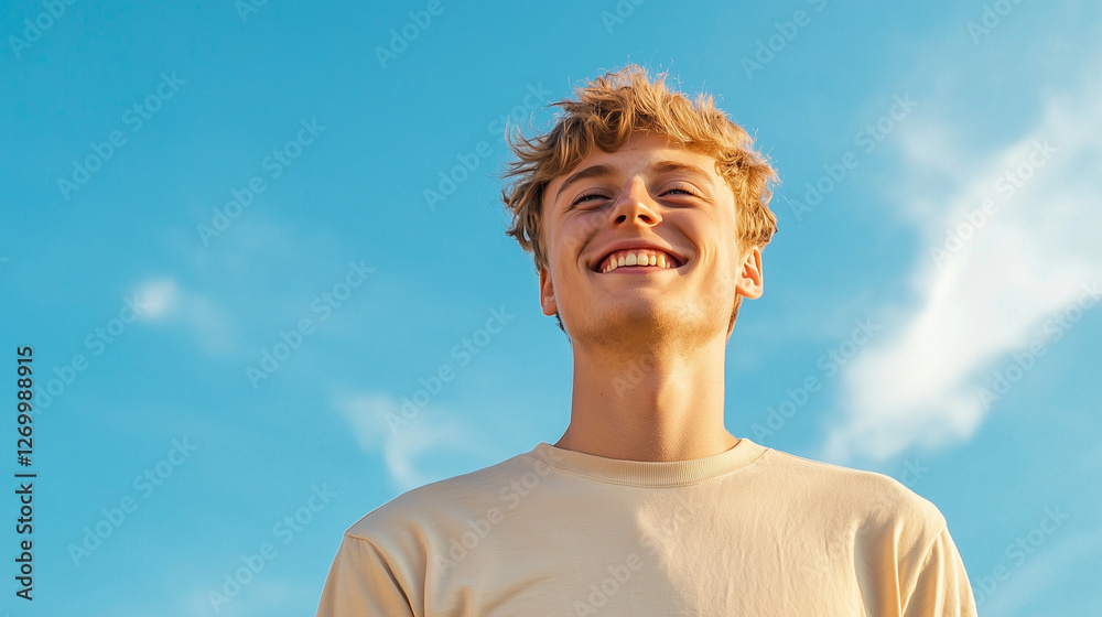 A young man enjoying a sunny day outdoors with a big smile A young man enjoying a sunny day outdoors with a big smile
