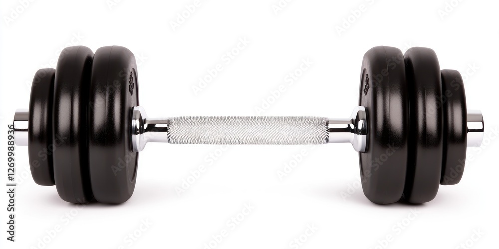 A black dumbbell with chrome bar rests on a white background A black dumbbell with chrome bar rests on a white background