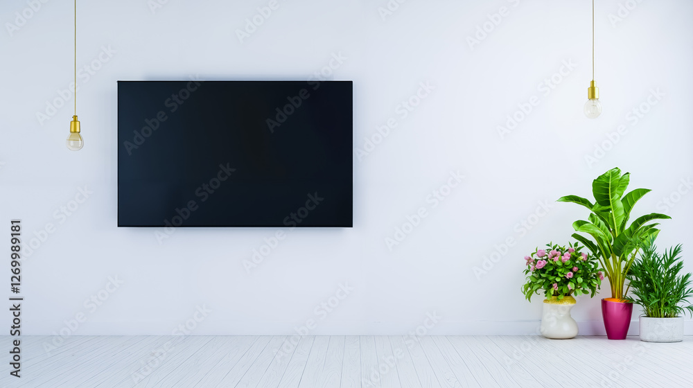 A flat screen TV mounted to a wall next to two potted plants