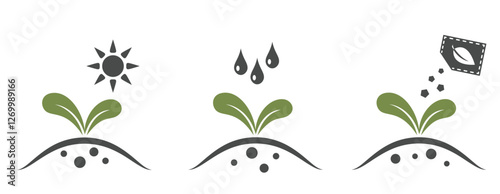 Seedling icon set. Planting, plant sprout watering and fertilize symbols. Isolated vector image