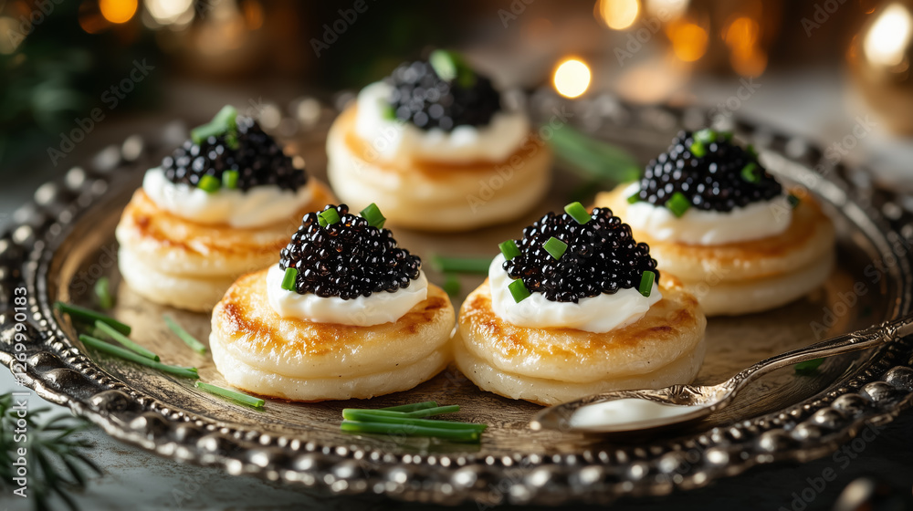 Savory blinis topped with caviar and cream on a decorative platter during an elegant evening gathering Savory blinis topped with caviar and cream on a decorative platter during an elegant evening gathering