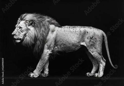 Black and white photo of a solitary lion against a pitch-black background showcasing intricate details and majestic presence