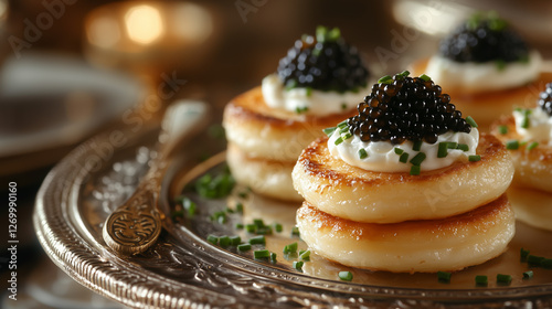 Delightful stack of buttery pancakes topped with creamy cheese and luxurious caviar served on an ornate silver platter
