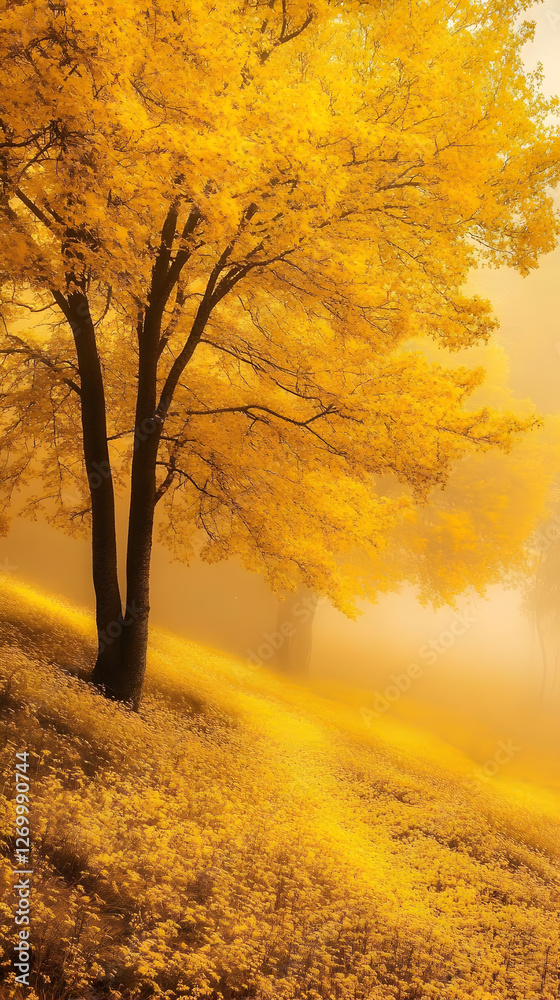 Naklejka premium Tranquil Autumn Landscape: Scenic Sunset over Misty, Colorful Trees and Pathway in a Serene, Idyllic Forest with Vibrant Fall Foliage - Picture-Perfect Nature Photography