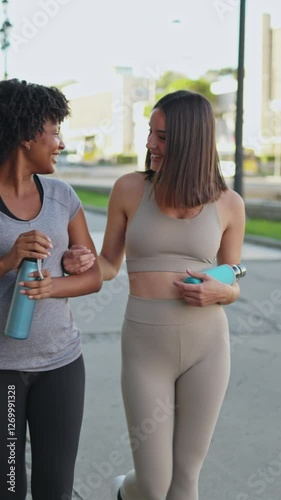 Smiling women walking together after fitness training
