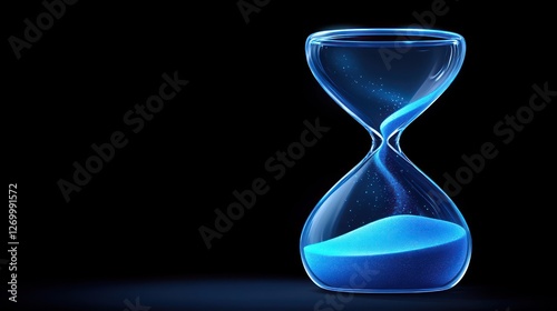 Hourglass with blue sand stands out against a dark background