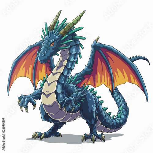 Fierce Blue Dragon with Fiery Wings