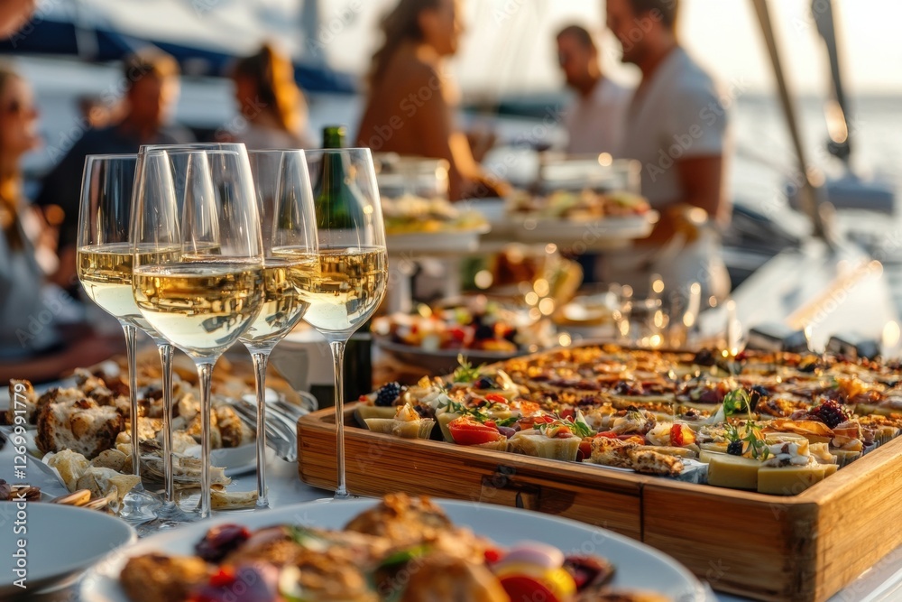 Naklejka premium Glasses of white wine and gourmet food catering on a yacht deck at sunset party