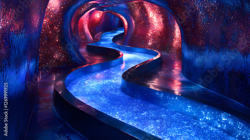 Ribbons of liquid platinum meandering through an ethereal labyrinth of lapis lazuli and deep crimson, reflecting an ancient cosmic tapestry. Labyrinth of Liquid Light. Illustration photo