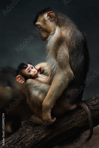 Pig-tailed macaque (Macaca nemestrina ) detail mother huge baby