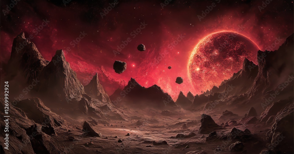 Obraz premium A creative 3D illustration of an asteroid and a meteorite swarm moving towards Earth