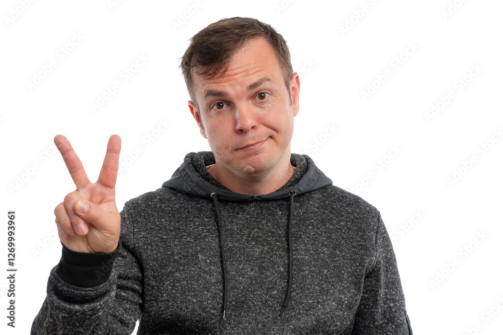 A young man in a gray hoodie making a peace sign with his hand against a white background.