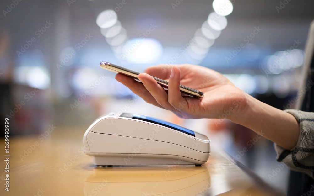 © organik - Close up shot of young woman paying contactless on a POS in a shop. She is using her phone. © organik - Close up shot of young woman paying contactless on a POS in a shop. She is using her phone.