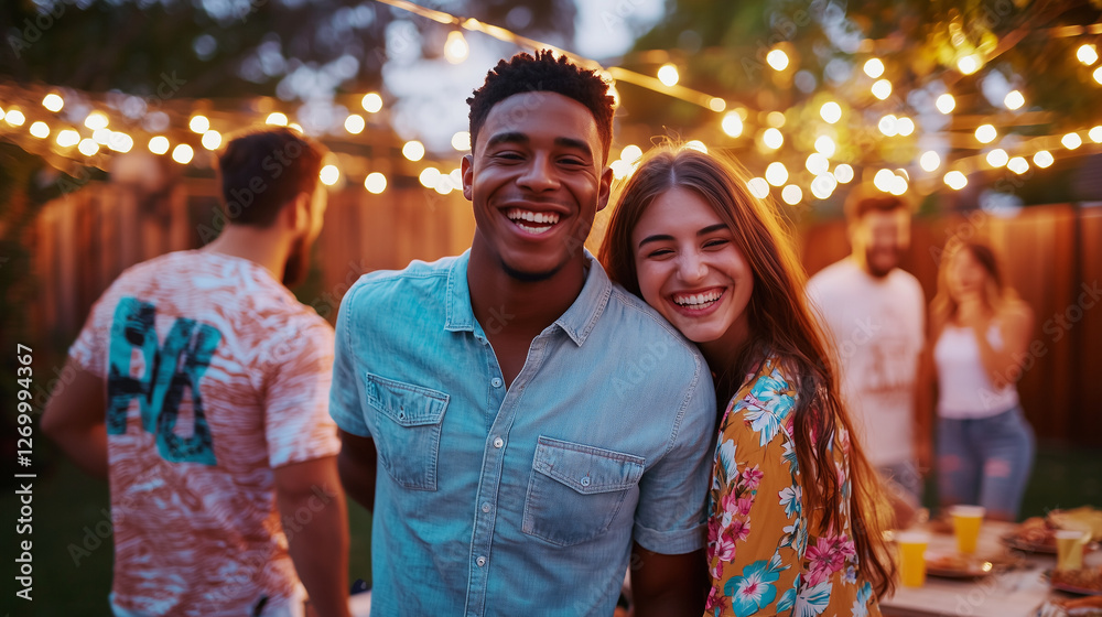 Obraz premium Vibrant backyard social gathering with friends and food