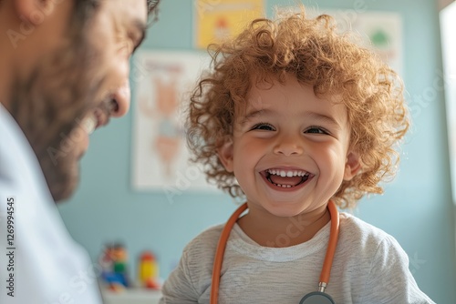 Smiling child wearing stethoscope, joyful interaction with careg photo