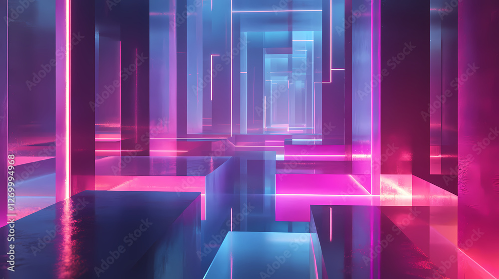 A floating 3d maze of glass walls illuminated by a soft neon light. Labyrinth of Liquid Light. Illustration A floating 3d maze of glass walls illuminated by a soft neon light. Labyrinth of Liquid Light. Illustration